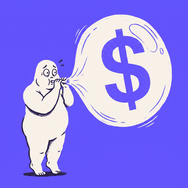 A cartoon character standing on tiptoe blowing an enormous wobbling soap bubble with a large dollar sign inside, the bubble stretched thin and about to burst, nervous expression, mono-color screen print linocut style, brand purple background