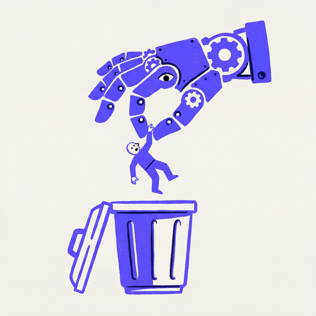 a mechanical hand dropping a tiny human figure into a trash bin, bold screen print linocut style