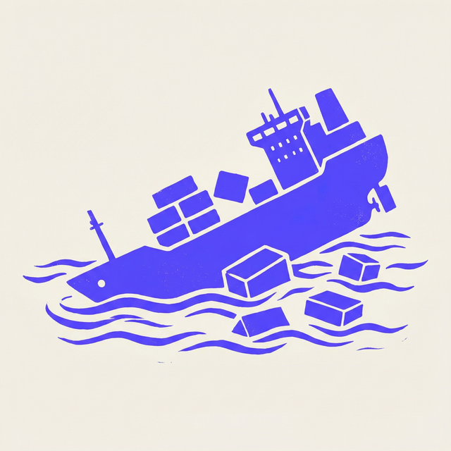 a sinking cargo ship with scattered containers floating in dark water, bold woodcut screen print style