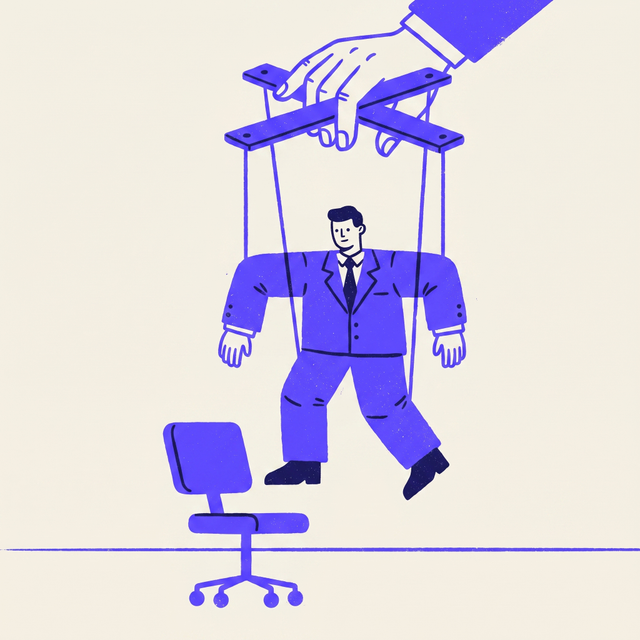 a marionette businessman in a suit held up by hands holding strings from above, empty office chair below, bold screen print linocut style