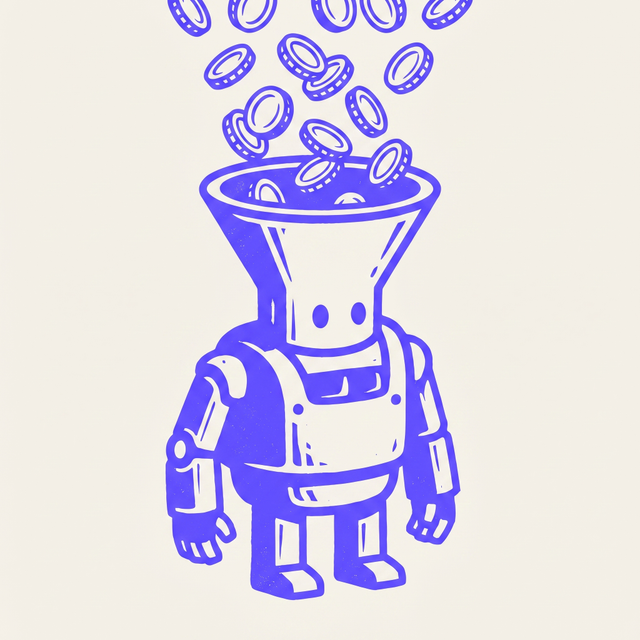 a mechanical worker robot with a wide open funnel mouth being force-fed a cascade of glowing tokens from above, bold screen print linocut style