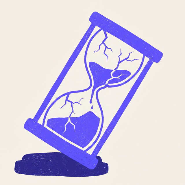 a cracked hourglass with sand half-drained, tipped sideways on a dark surface, bold screen print linocut style