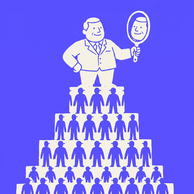 a businessman in a suit standing alone on top of a tall pyramid of small workers, holding a hand mirror that reflects only his own face, bold screen print linocut style