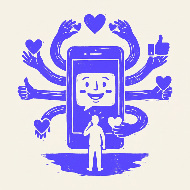 a smiling chatbot character on a phone screen with multiple extending arms holding hearts and thumbs-up signs, reaching toward a small unsure human silhouette, bold screen print linocut style