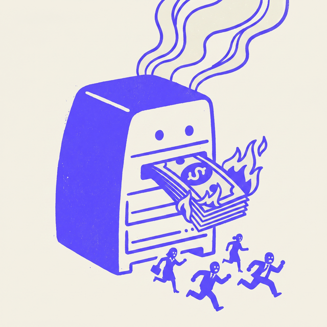 a stack of dollar bills being shoved into a giant smoking server rack, the bills already burning at the edges, small office workers fleeing the room, bold screen print linocut style