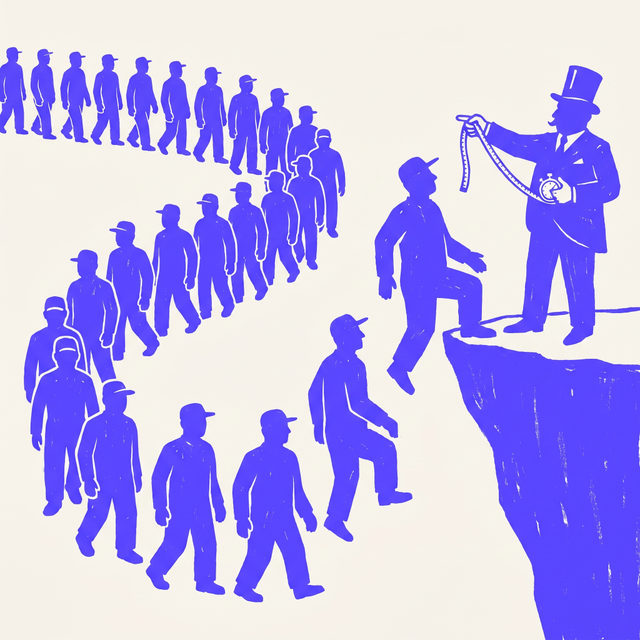 a long line of factory workers walking off a cliff in unison, single industrialist on the cliff edge holding a tape measure and a stopwatch, bold screen print linocut style