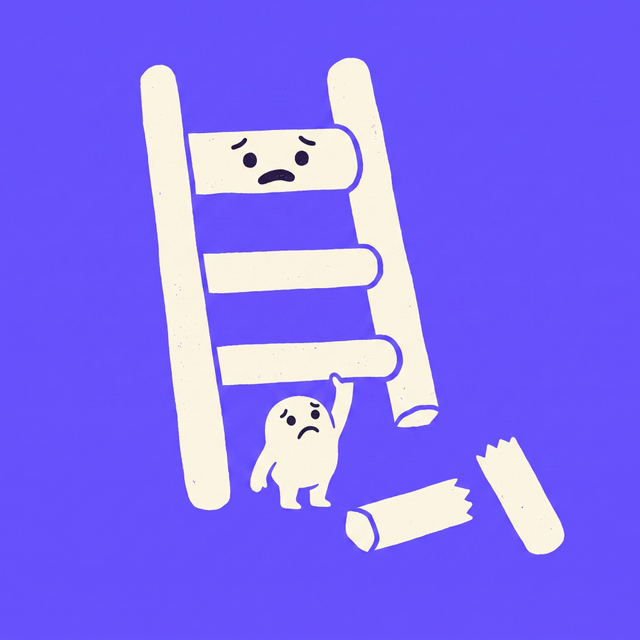 A chunky cartoon ladder creature whose bottom rungs have been sawn off and are lying on the ground, a small young creature standing underneath reaching up and unable to grab the lowest remaining rung, dot eyes, worried expression, mono-color screen print linocut style, brand purple background