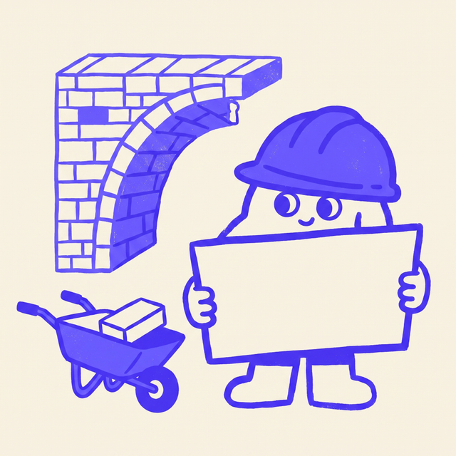 A chunky cartoon construction creature in an oversized hard hat holding up a huge completely blank ceremonial cheque board with absolutely no text, no letters, no numbers and no signature on it, standing in front of a half-finished stone bridge that breaks off in mid-air, a wheelbarrow beside it holding one single brick, dot eyes, mono-color screen print linocut style, cream background