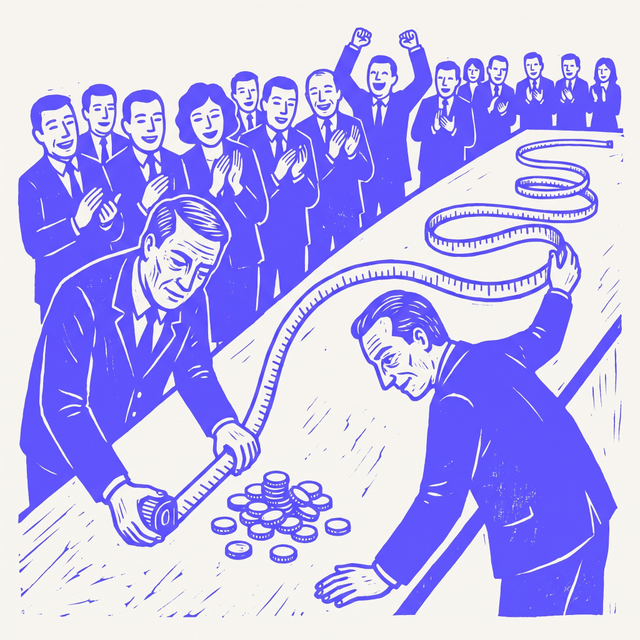 two bankers measuring the same small pile of gold coins with two different measuring tapes, one tape stretched far longer than the pile, a crowd of investors in suits applauding the longer tape, bold screen print linocut style