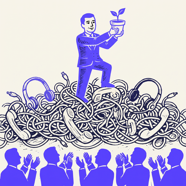 a corporate manager proudly standing on a mountain of unplugged call-center headsets and tangled telephone cords, holding up a single tiny seedling in a flowerpot toward a row of applauding investors, bold screen print linocut style