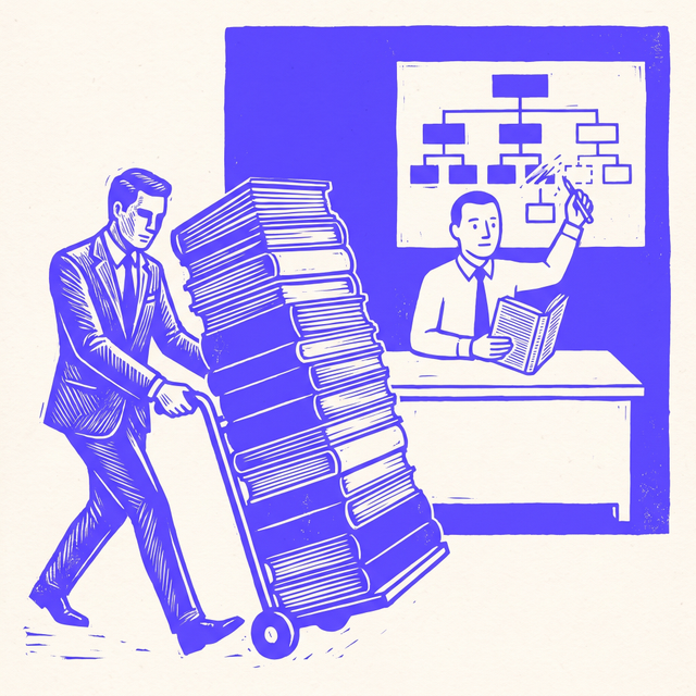 a consultant in an expensive suit wheeling away a towering stack of glossy slide decks on a hand truck, while a manager at a plain desk opens one slim book and redraws the organization chart on the wall, bold screen print linocut style