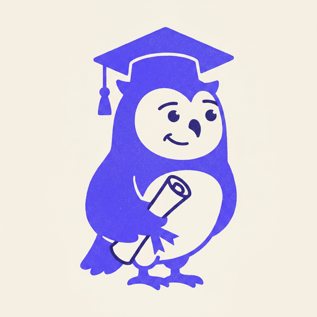 A graduation cap character with sad eyes walking past a giant question mark made of stacked diplomas, mono-color screen print style, cream background