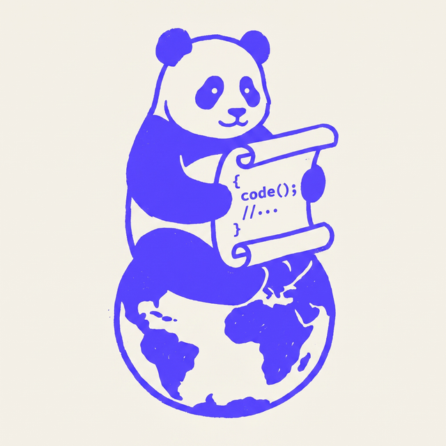 A panda character holding an open scroll with code symbols printed on it, sitting calmly on a globe, mono-color screen print style, brand purple background