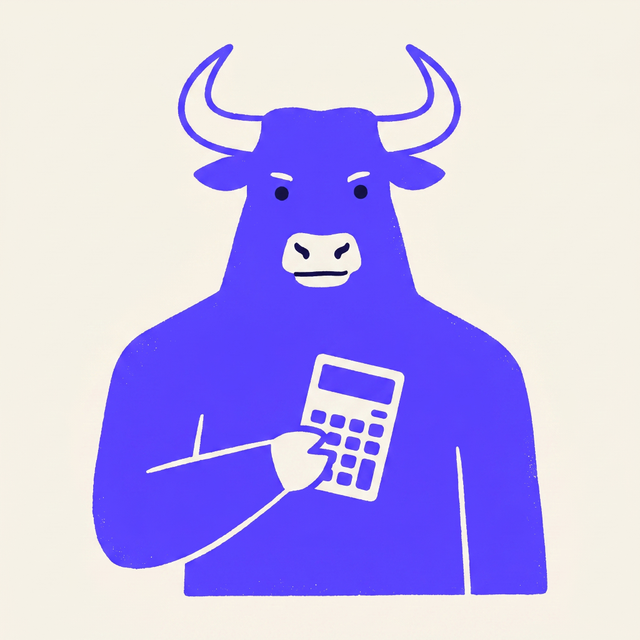A confident friendly bull character with intact horns, holding a calculator, bold screen print linocut style, mono-color on BOB purple background