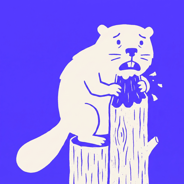 A cartoon beaver gnawing through the very wooden pillar it is standing on, slightly panicked expression, mono-color screen print linocut style, brand purple background