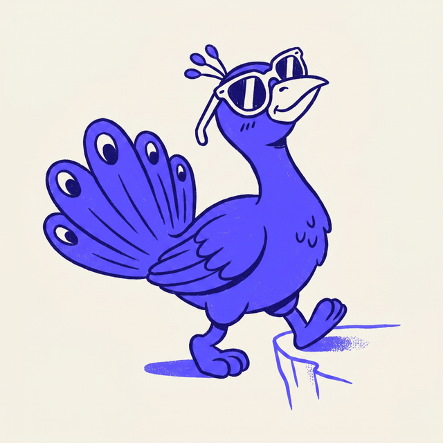 A vain cartoon peacock wearing oversized fancy sunglasses, beak tilted proudly up, not noticing the cliff edge right in front of its feet, mono-color screen print linocut style, cream background