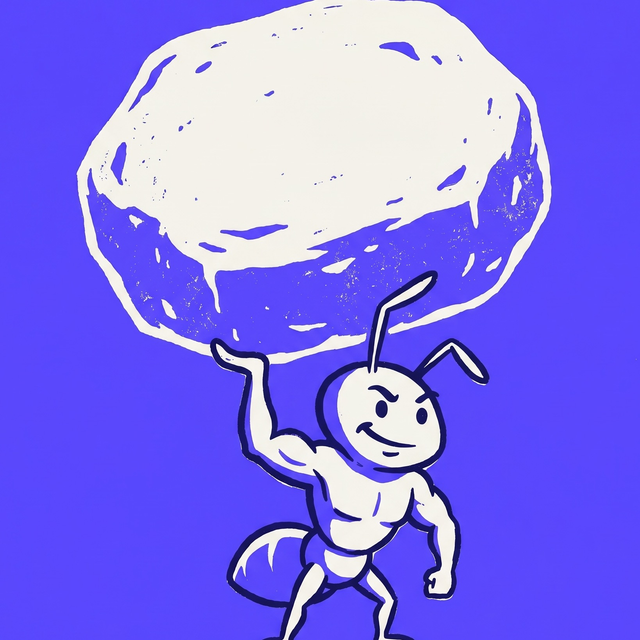 A tiny but mighty cartoon ant lifting an enormous boulder high overhead with one arm, confident grin, mono-color screen print linocut style, brand purple background
