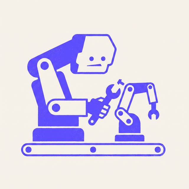 a chunky cartoon robot arm creature on a factory line bolting together a smaller identical copy of itself, dot eyes, focused expression