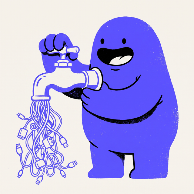 a chunky cartoon creature holding open a large public water tap from which cables and plugs pour out instead of water, dot eyes, generous open expression