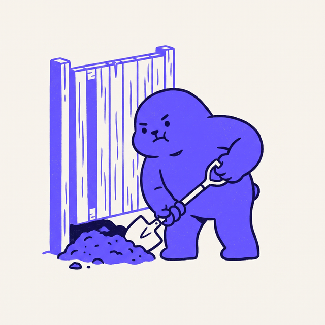 a chunky cartoon creature standing in front of a narrow blocked gate, digging a tunnel underneath it with a small shovel, dot eyes, determined expression