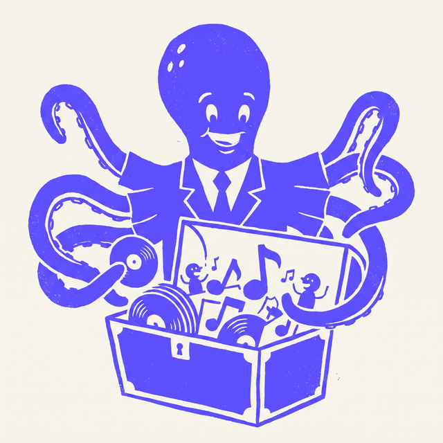 A cartoon octopus in a business suit greedily sweeping up vinyl records, music notes and tiny singing figures with its many arms into a large private treasure chest, mono-color screen print linocut style, cream background
