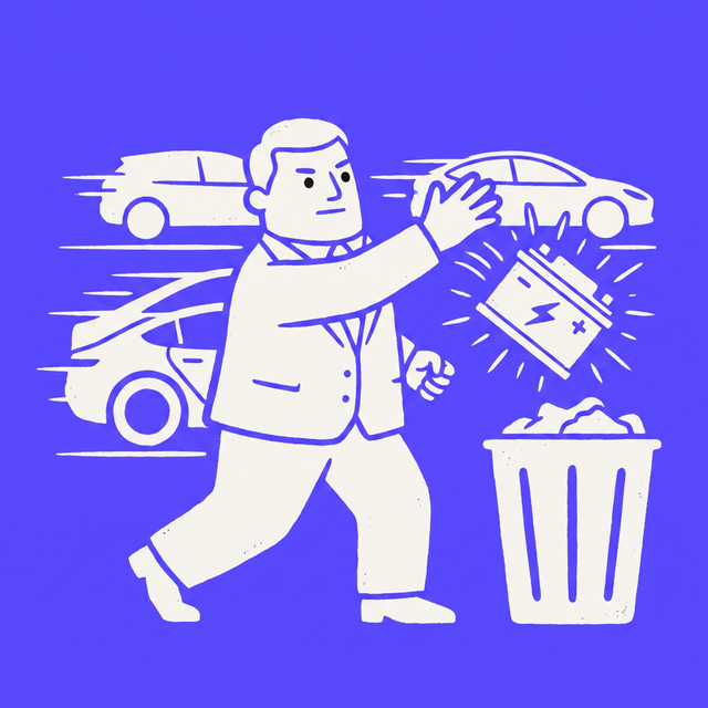 A cartoon businessman in a suit tossing a glowing car battery into a trash bin over his shoulder, while sleek modern electric cars speed past behind him unnoticed, mono-color screen print linocut style, brand purple background