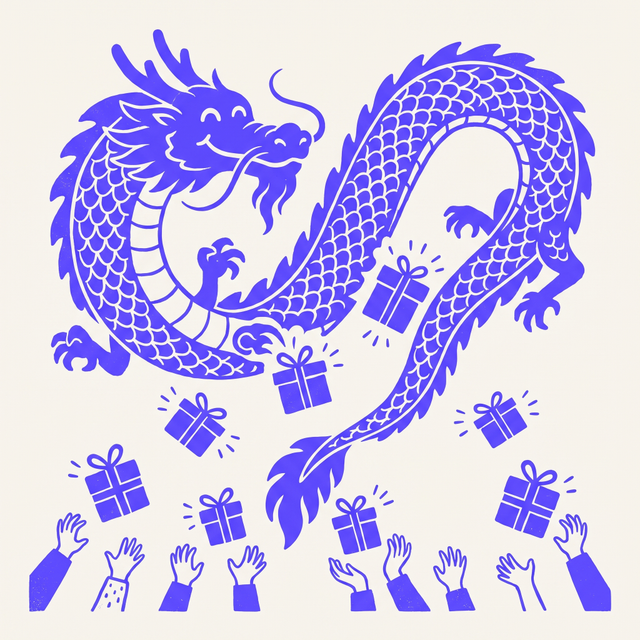 A joyful traditional Chinese dragon coiling through the sky, generously scattering glowing free gift boxes down to many small reaching hands below, mono-color screen print linocut style, cream background