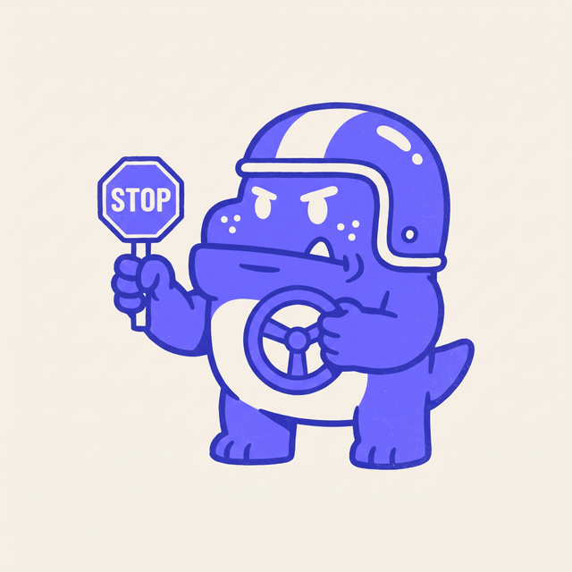 a chunky cartoon creature wearing a racing helmet, holding up a small stop sign with one hand while the other hand still grips a steering wheel, dot eyes, earnest determined expression