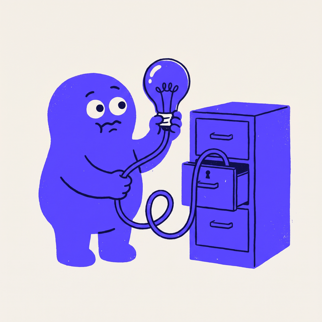 a chunky cartoon creature standing beside a closed filing cabinet, holding a still-glowing light bulb whose cable disappears into the locked drawer, dot eyes, puzzled expression