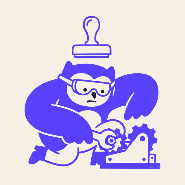 a chunky cartoon owl-like creature wearing small safety goggles, crouching low and calmly bolting together a tiny machine with a wrench, while an oversized rubber stamp hovers in the air above its head, dot eyes, absorbed unbothered expression