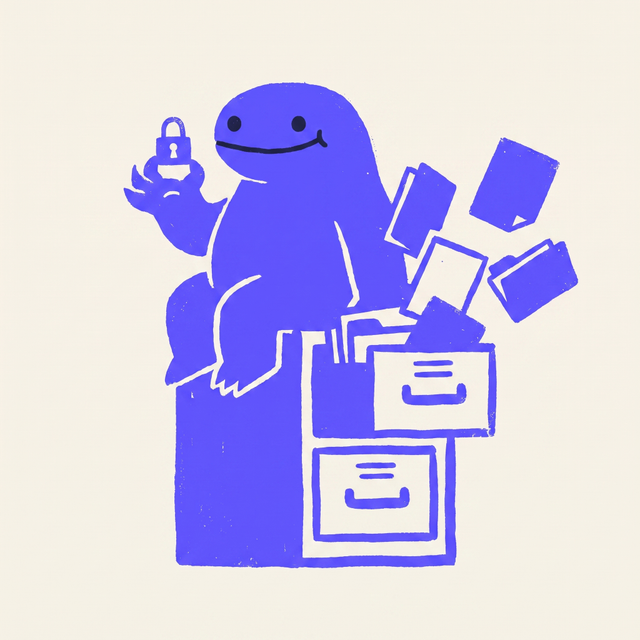 a chunky cartoon creature sitting on top of a filing cabinet with open drawers, holding a tiny padlock in one hand while papers fly out of the drawers behind its back, dot eyes, oblivious cheerful expression, mono-color screen print linocut style, cream background