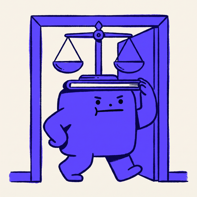 a chunky cartoon creature carefully carrying a large set of scales balanced on its head through a doorway, dot eyes, concentrated careful expression, mono-color screen print linocut style, cream background