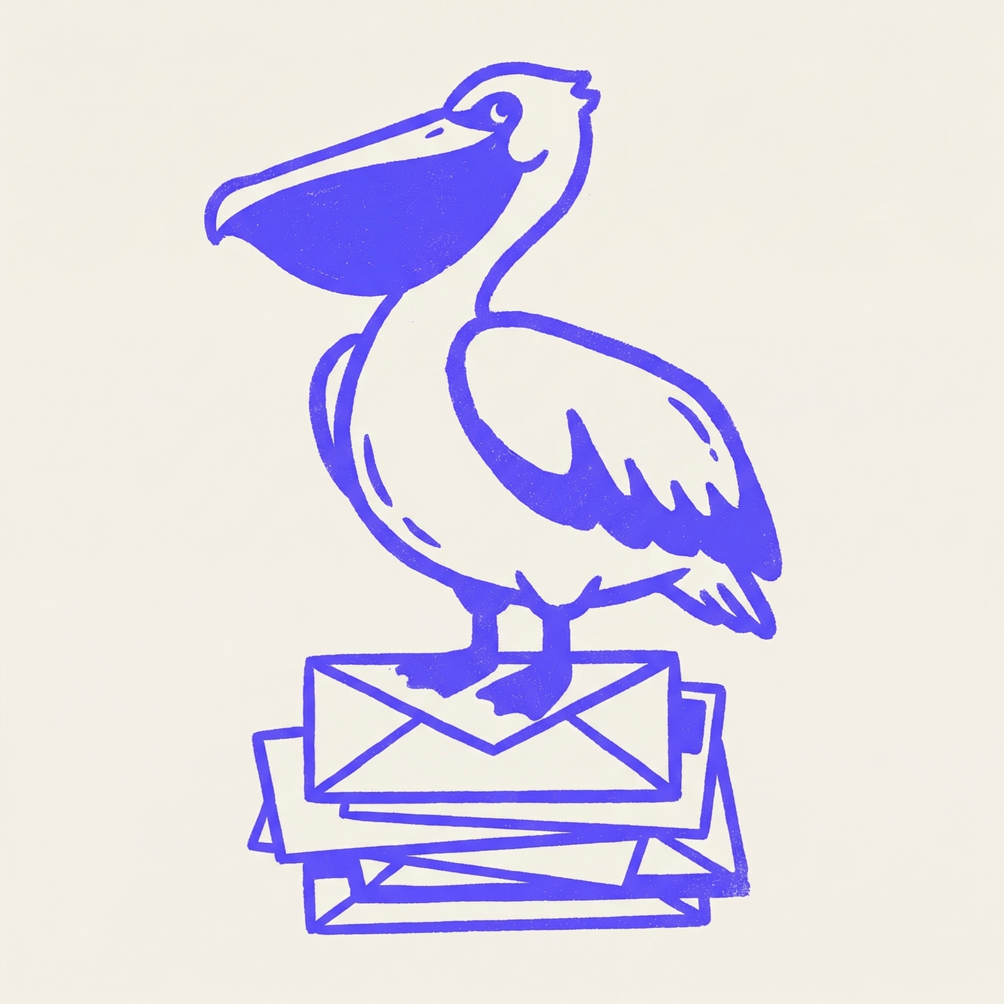a proud pelican standing tall on a stack of letters, bold screen print style