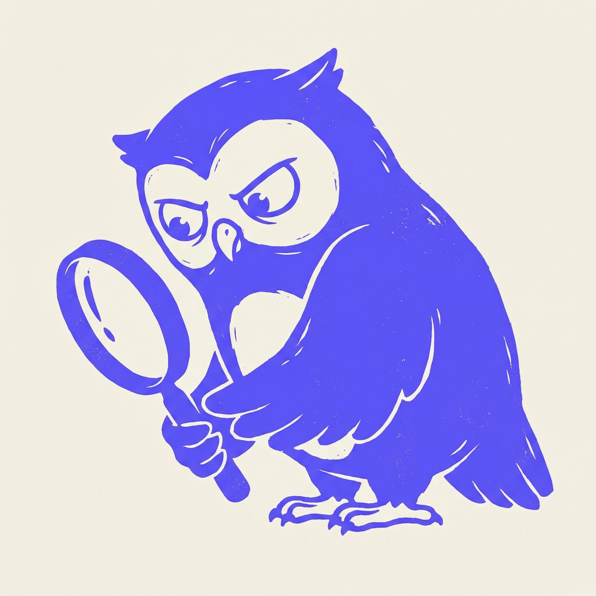 a suspicious owl examining a magnifying glass, screen print linocut style