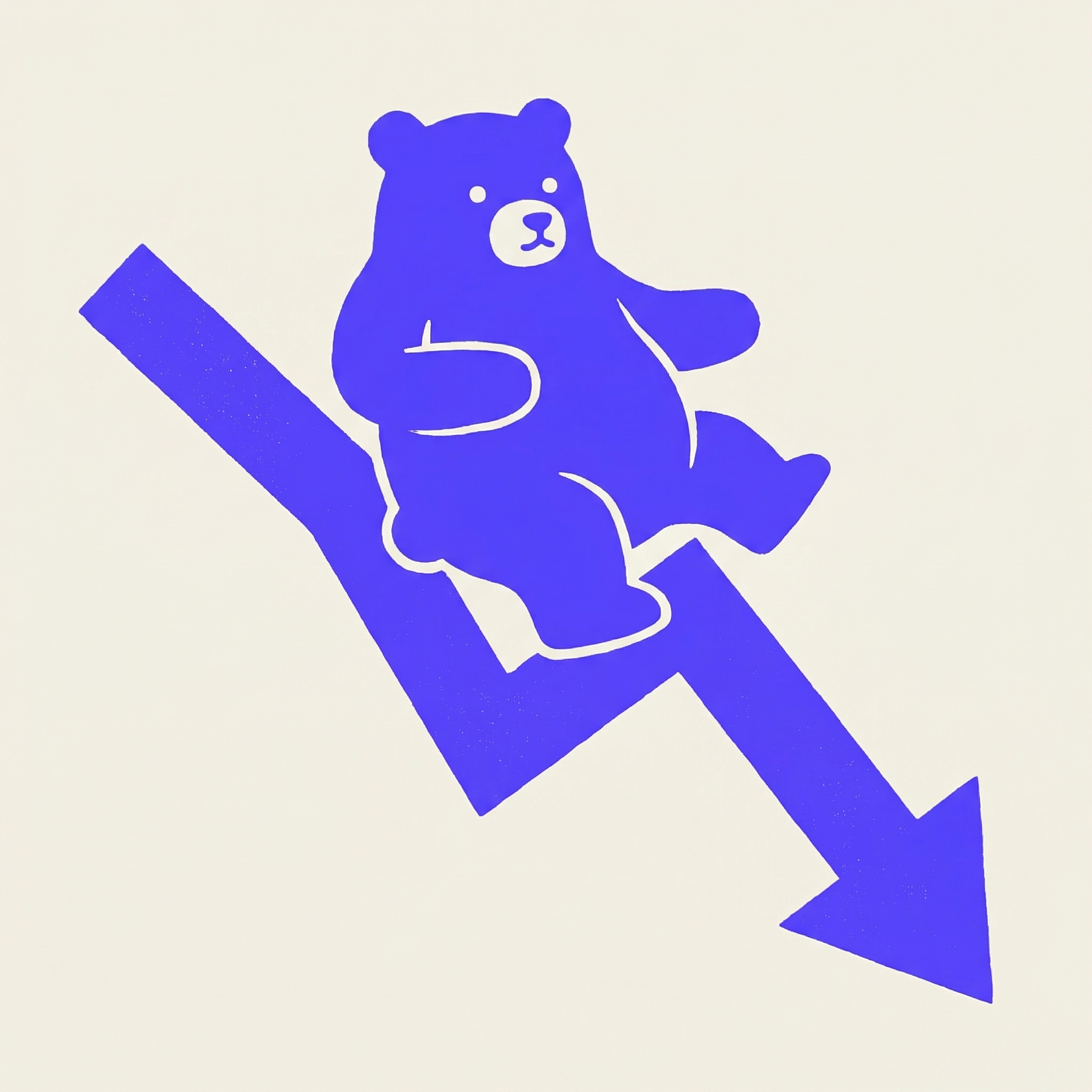 a bear sliding down a steep chart arrow, bold woodcut screen print
