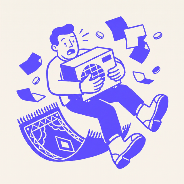 A startled cartoon homeowner clutching a heat pump while a rug is yanked out from under their feet, papers and coins flying through the air, mono-color screen print linocut style, cream background