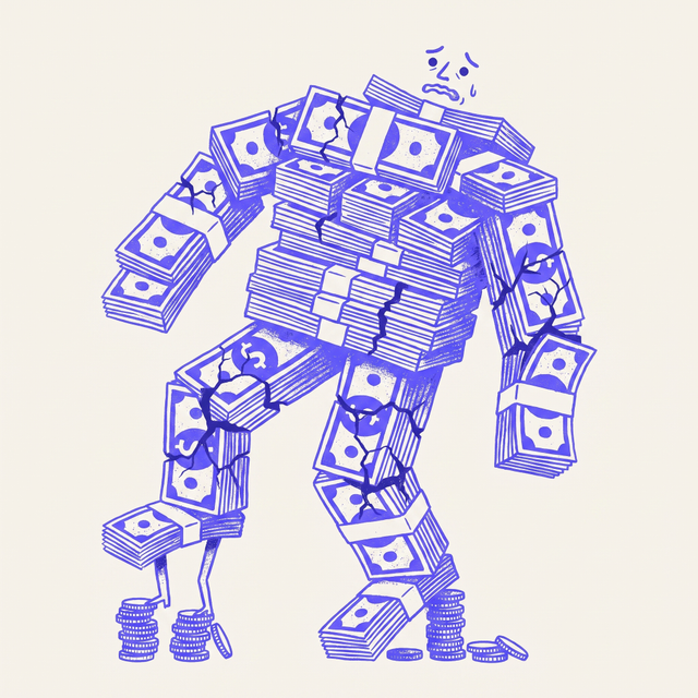 A huge teetering colossus built from precarious stacks of dollar bills, cracks spreading across its body, wobbling on thin spindly legs, small nervous face at the top, mono-color screen print linocut style, brand purple background
