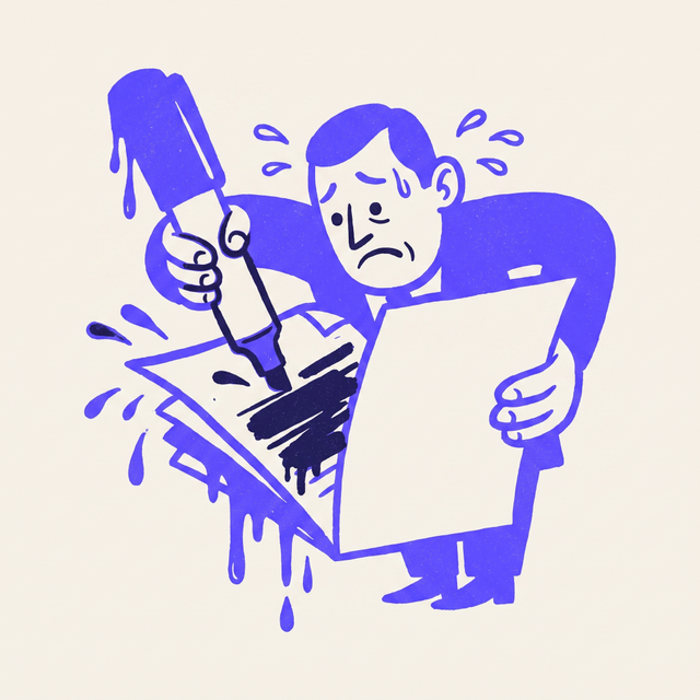 A nervous cartoon government official furiously blacking out a giant document with an oversized censor's marker, ink dripping, sweating, mono-color screen print linocut style, cream background