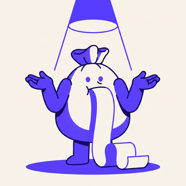 A chunky cartoon money-bag creature standing under a spotlight on a small stage, shrugging with both empty hands turned upward while a very long blank receipt unrolls out of its mouth down to the floor, dot eyes, mono-color screen print linocut style, cream background