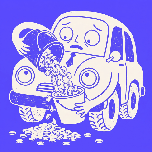 A chunky worried cartoon car creature with big round headlight eyes and a tiny business tie, carefully pouring a heavy bucket of coins into a second identical empty bucket while coins spill out everywhere on the ground, mono-color screen print linocut style, brand purple background