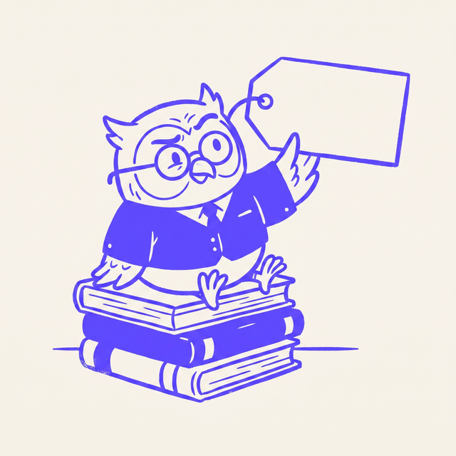 A chunky cartoon owl in a tiny business suit and round glasses, perched on a stack of thick books, holding up an oversized completely blank price tag and staring at it with a puzzled expression, mono-color screen print linocut style, cream background